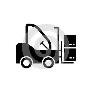 Fork Lift Inventory on Warehouse Silhouette Icon. Heavy Loader Cargo Machine Glyph Pictogram. Forklift Truck Loader Icon