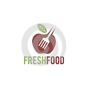 Fork logo with leaves and apple with a touch of vintage color. Intended for fresh food logos