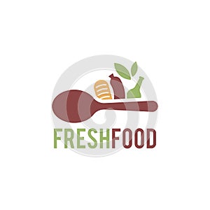Fork logo with leaves with a touch of vintage color. Intended for fresh food logos