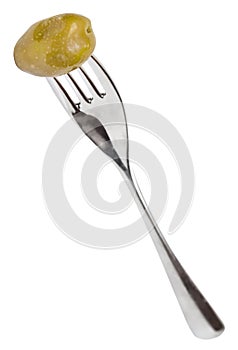 Fork with one green olive isolated on white