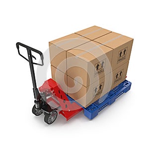 Fork pallet truck stacker with stack of boxes isolated on white 3D Illustration