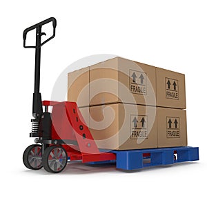 Fork pallet truck stacker with stack of boxes isolated on white 3D Illustration