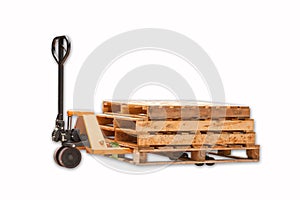 A fork pallet truck stacker with stack of wooden pallets