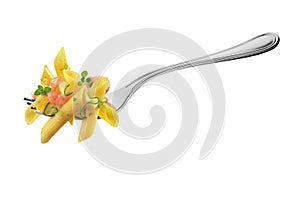 Fork with penne pasta zucchini shrimp and aromatic herbs