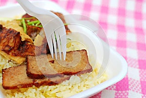 Fork picking up roasted pork slice