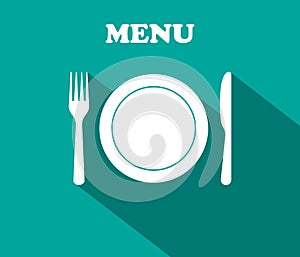 Fork, plate, knife - icons of lunch. Graphic decoration for menu of restaurant. Utensil for dinner. Cutlery for dish. Symbol of