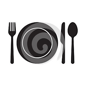 Fork, Plate, Knife and spoon icon set, Dining cutlery silhouette design, Vector illustration.