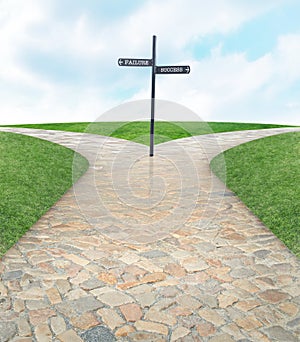 Fork, road or crossroads for direction on path, abstract or choice in life on future career. Decision point, journey or