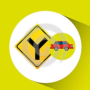 Fork road sign sedan red