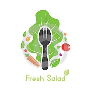 Fork with salad vegetable ornament logo sign. Herbs, lettuce, organic, vegetarian, or vegan food. Natural restaurant concept.