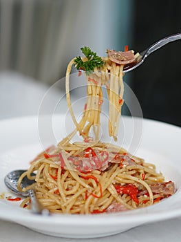 Fork scooping Spaghetti with Spicy ham in white plate, food