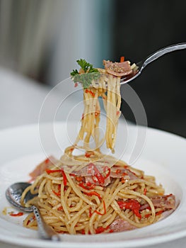 Fork scooping Spaghetti with Spicy ham in white plate, food