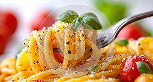 Fork with spaghetti, tomato sauce and basil.