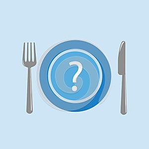 Fork spoon and blue plate with question mark
