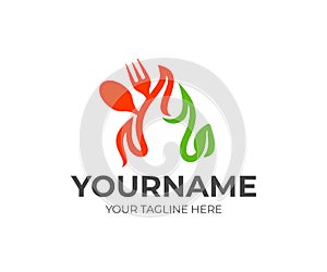 Fork, spoon, fire and leaf, logo design. Food, eatery, restaurant and catering, vector design