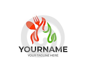 Fork, spoon, fire and leaf, logo design. Food, eatery, restaurant and catering, vector design photo