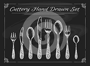 Fork spoon knife on chalkboard photo