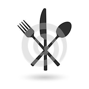 Fork, spoon and knife icon. Crossed cutlery silhouette. Silverware symbol.