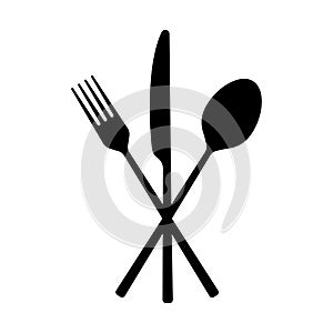 Fork, spoon and knife icon. Crossed cutlery silhouette. Silverware symbol. Vector