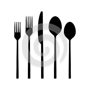 Fork, spoon, knife icon. Cutlery set. Modern silverware or tableware black silhouette.