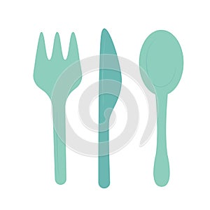 Fork, spoon, knife. Illustration of set cutlery for serving in flat style isolated on white background, kitchen elements