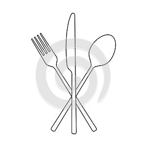 Fork, spoon and knife outline icon. Crossed cutlery silhouette. Silverware symbol. Vector illustration