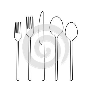 Fork, spoon, knife outline icon. Cutlery set. Modern silverware or tableware black silhouette.