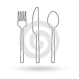 Fork, spoon, knife outline icon. Cutlery set. Modern silverware or tableware black silhouette. Vector illustration