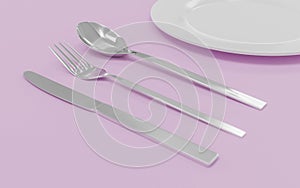 Fork, spoon, knife and plate isolated on pink table 3d render illustration