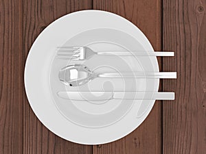 Fork, spoon, knife and plate  on wooden table 3d render illustration