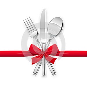 Fork, spoon, knife with red bow. Set of utensils for eating.