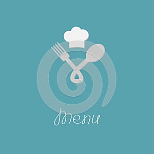 Fork, spoon node and chef hat menu card. Flat design style.