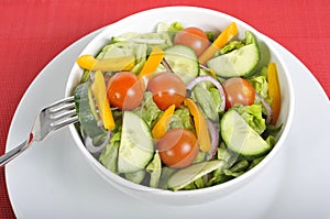 Fork in vegetables healthy salad bowl