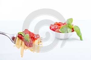 Forkful with succulent and tasty spaghetti with tomato sauce