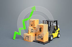 Forklift with boxes and green arrow up. Economic recovery and increased trade and freight traffic. Increasing the cost of