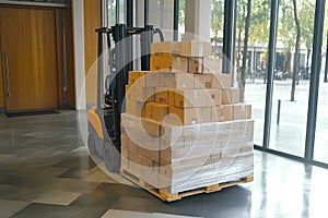 Forklift with cardboard boxes in warehouse cargo freight transportation warehouse.