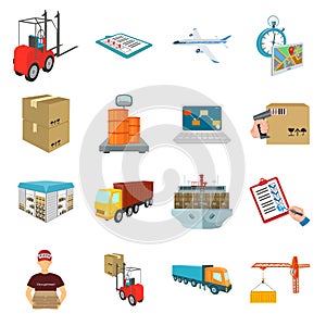 Forklift, cargo plane, goods, documents and other items in the delivery and transportation. Logistics and delivery set