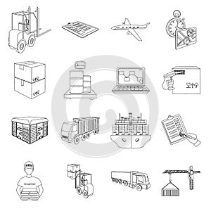 Forklift, cargo plane, goods, documents and other items in the delivery and transportation. Logistics and delivery set