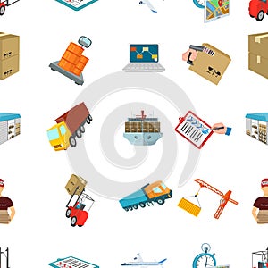 Forklift, cargo plane, goods, documents and other items in the delivery and transportation. Logistics and delivery set