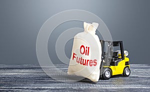 A forklift carries a bag with Oil futures. Trade and transportation of oil. Lack of storage space and oversupply. Low demand. Big photo