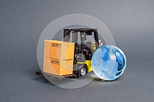 Forklift carrying boxes and blue planet earth glass globe. The concept of commerce and trade, cargo delivery, exchange of goods