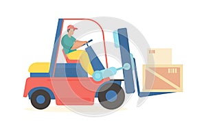 Forklift is carrying boxes. Industrial transportation goods and containers to warehouse