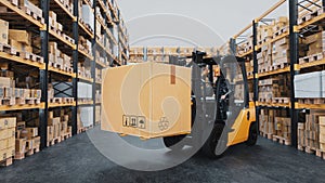 Forklift carrying cardboard boxes in warehouse