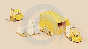 Forklift carrying goods boxes to Container for transport.Shipping and delivery.3d rendering