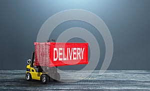 Forklift with container Delivery. World trade. Deliver logistic chains, supply of components and raw materials. Delivery of goods