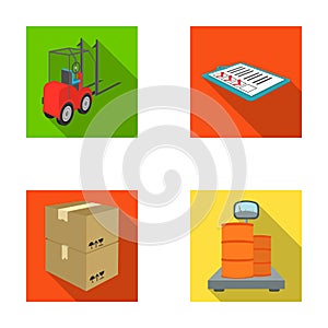 Forklift, delivery slips, packaged goods, cargo on weighing scales. Logistics and delivery set collection icons in flat