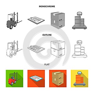 Forklift, delivery slips, packaged goods, cargo on weighing scales. Logistics and delivery set collection icons in flat