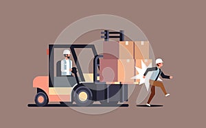 Forklift driver hitting colleague factory accident concept warehouse logistic transport driver dangerous injured worker