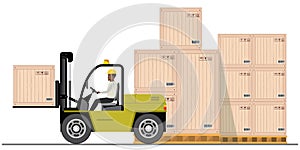 Forklift driver at work in storehouse.Stack of boxes, Warehouse worker in flat style