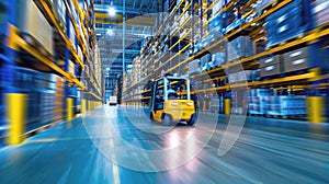 A forklift is driving through a warehouse